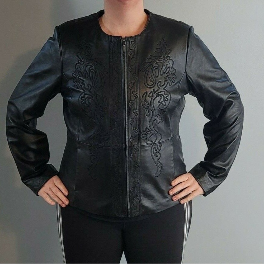 (P2) Coldwater Creek Womens
Black 100% Leather Womens‎ Jacket
with Embroidered,S